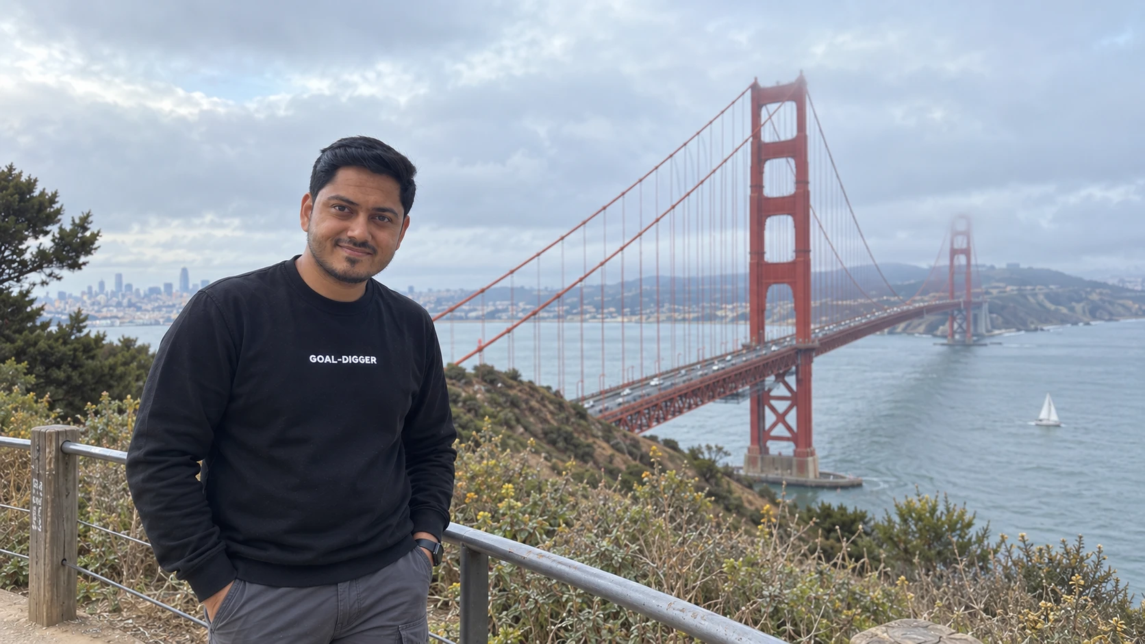 Ar.Bhavesh Panse in front of the Golden Gate Bridge in San Francisco