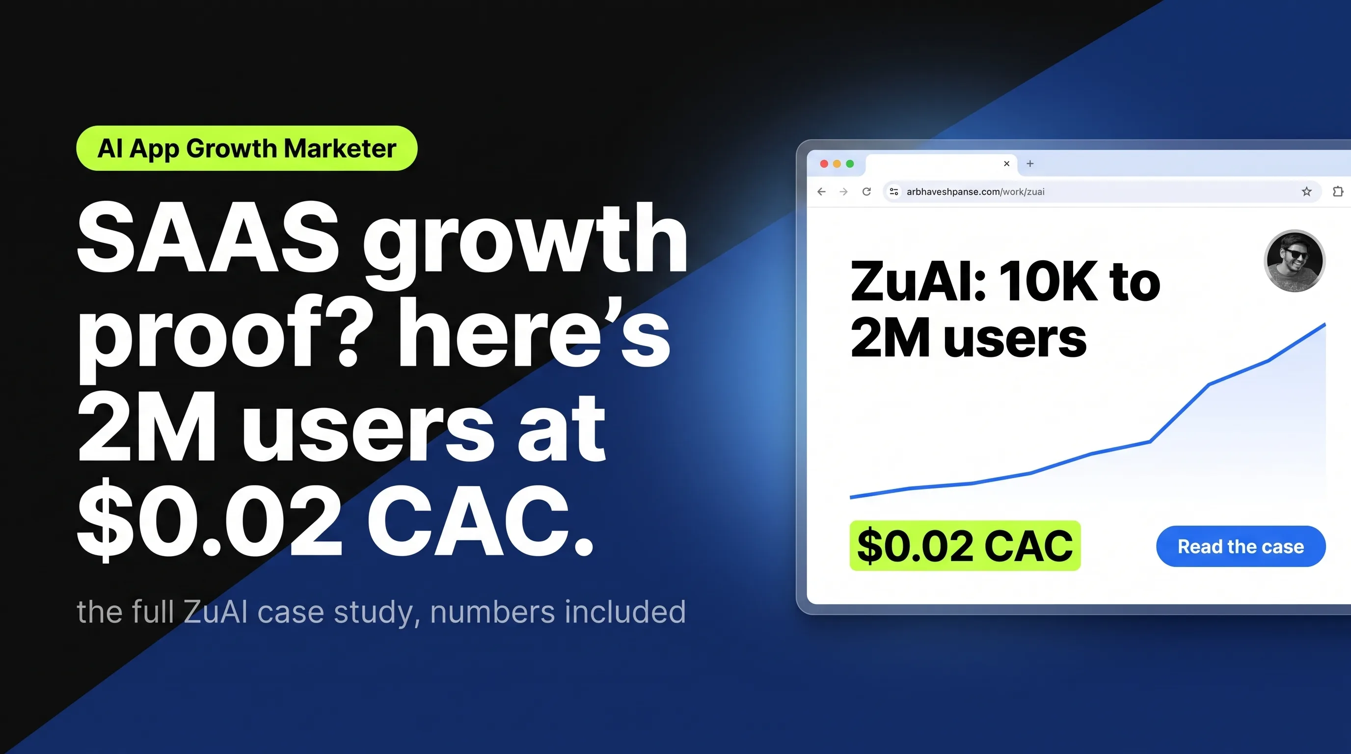 ZuAI: 10K to 2M users at $0.02 CAC, summary card