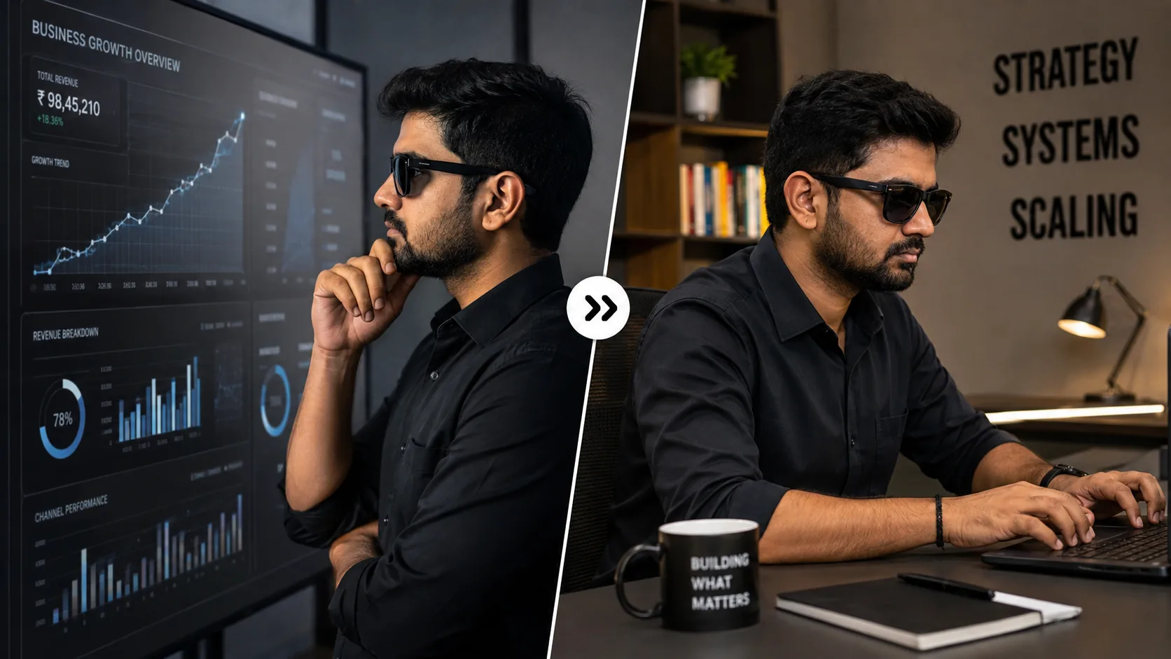 Ar.Bhavesh Panse Ar.Bhavesh Panse: A split image showing a founder on one side looking at a complex growth chart, and on the other side, a consultant actively typing on a keyboa