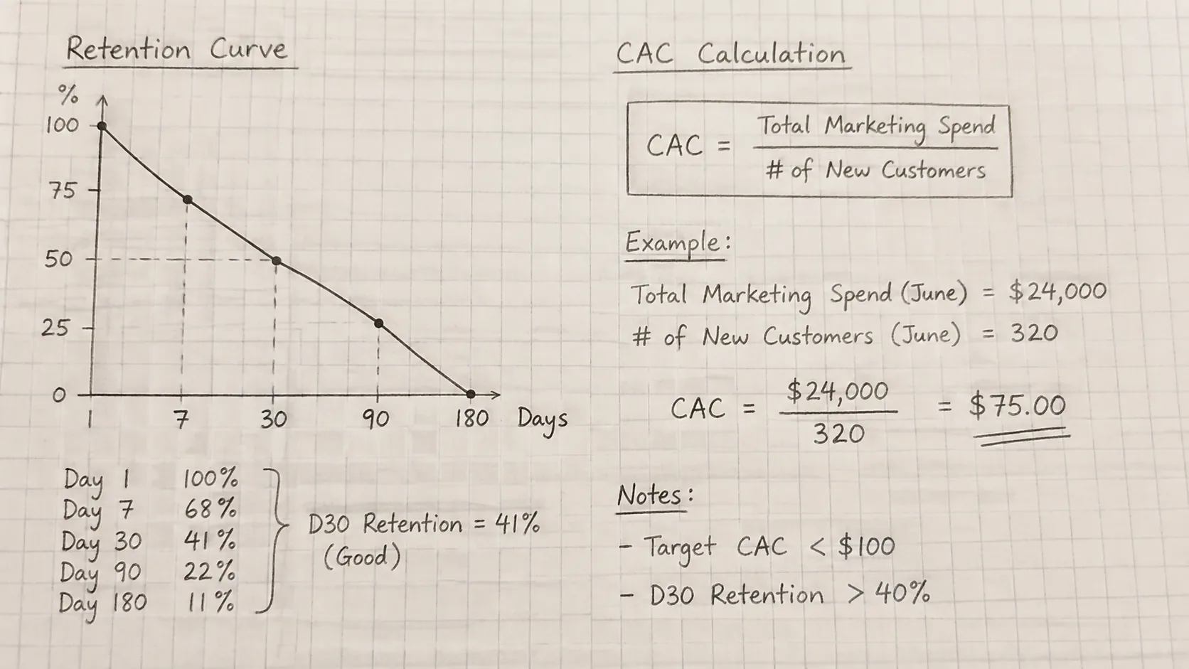 Close up photo of handwritten growth metrics on graph paper, showing