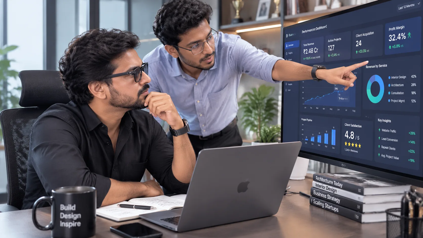 Ar.Bhavesh Panse Ar.Bhavesh Panse: A founder looking at a complex dashboard with many data points, while a consultant points to a specific metric on the screen, indicating direc
