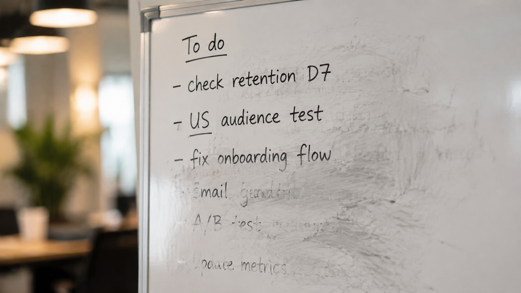 Photo of a handwritten to do list on a whiteboard, partially erased, showing phr