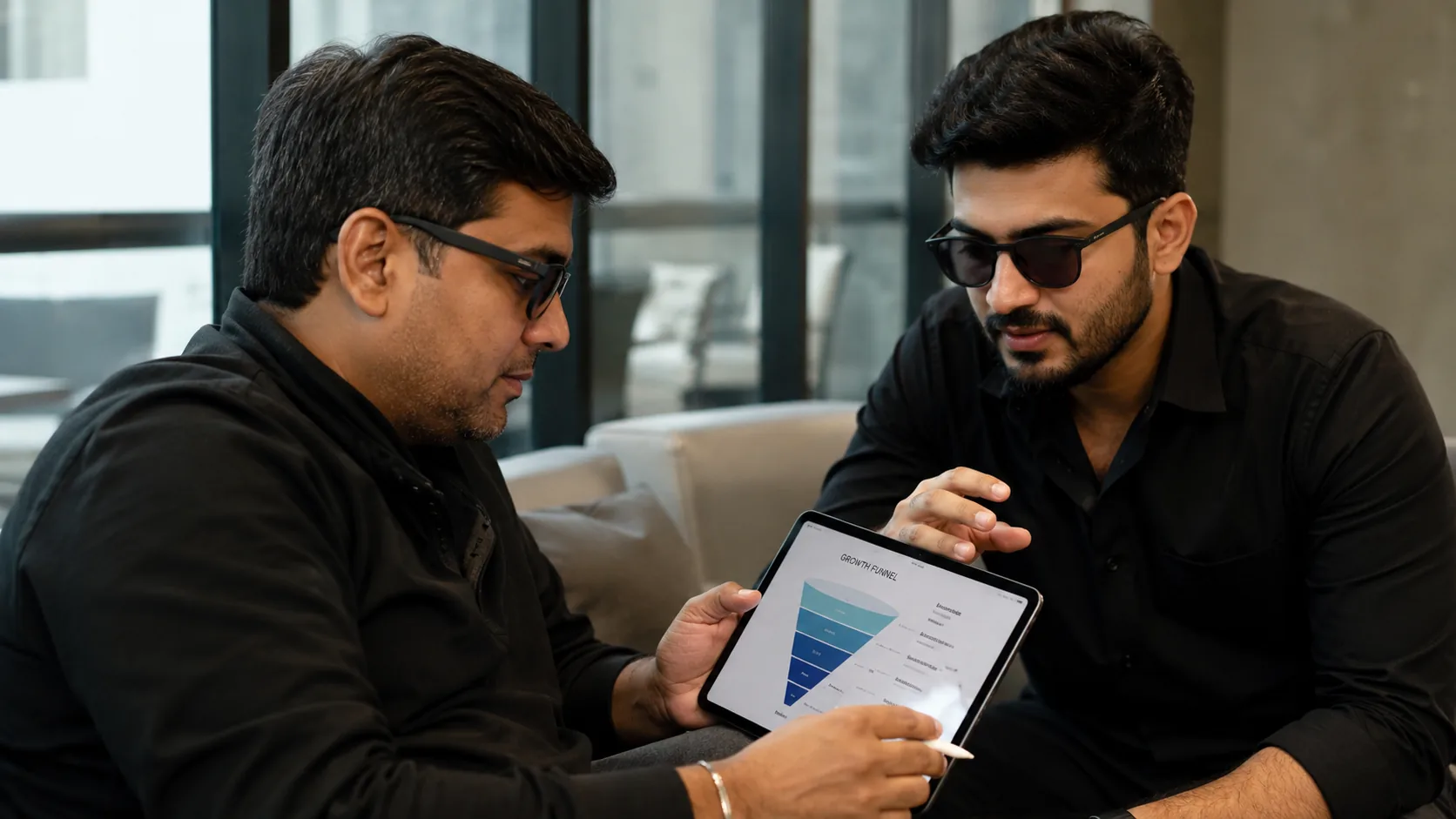 Ar.Bhavesh Panse Ar.Bhavesh Panse: A founder and a consultant reviewing a growth funnel diagram on a digital tablet, deep in discussion