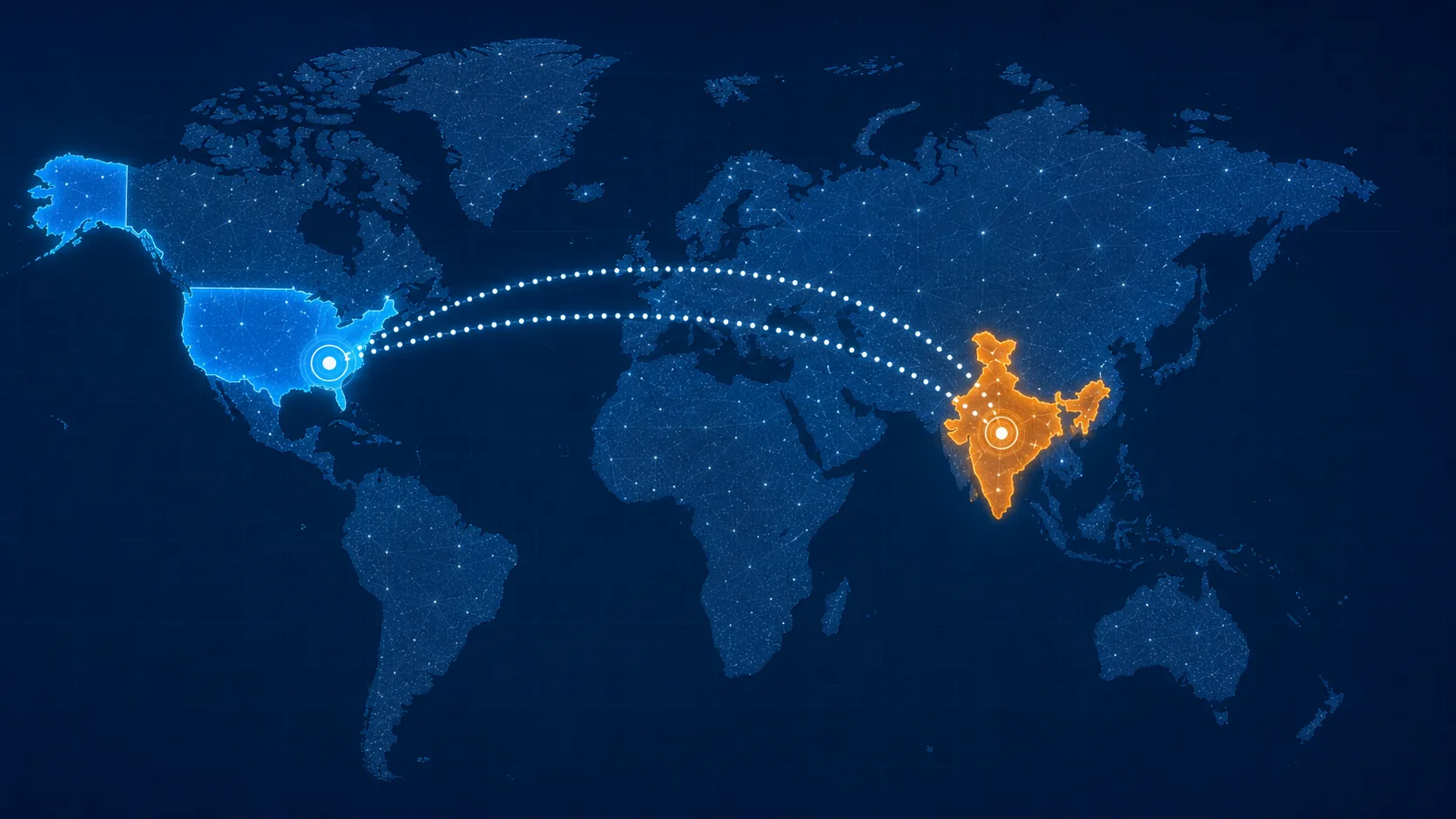 India vs SF Growth Hire for Startups in 2026 A world map with two distinct highlighted regions, one over India and another over the US, connected by dotted lines representing digital communication