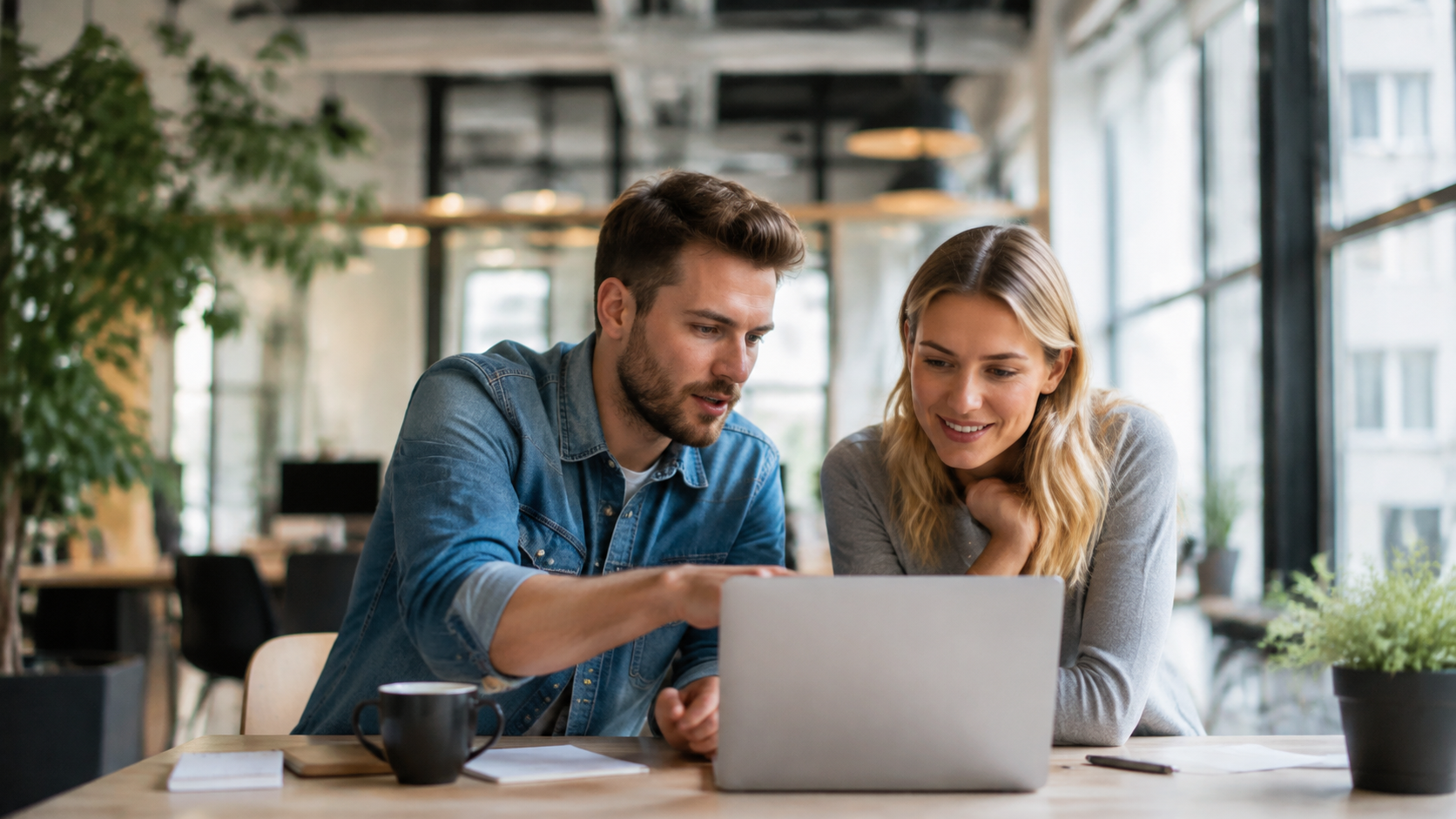 Clean editorial shot of two people leaning over a laptop in a bright, modern co 