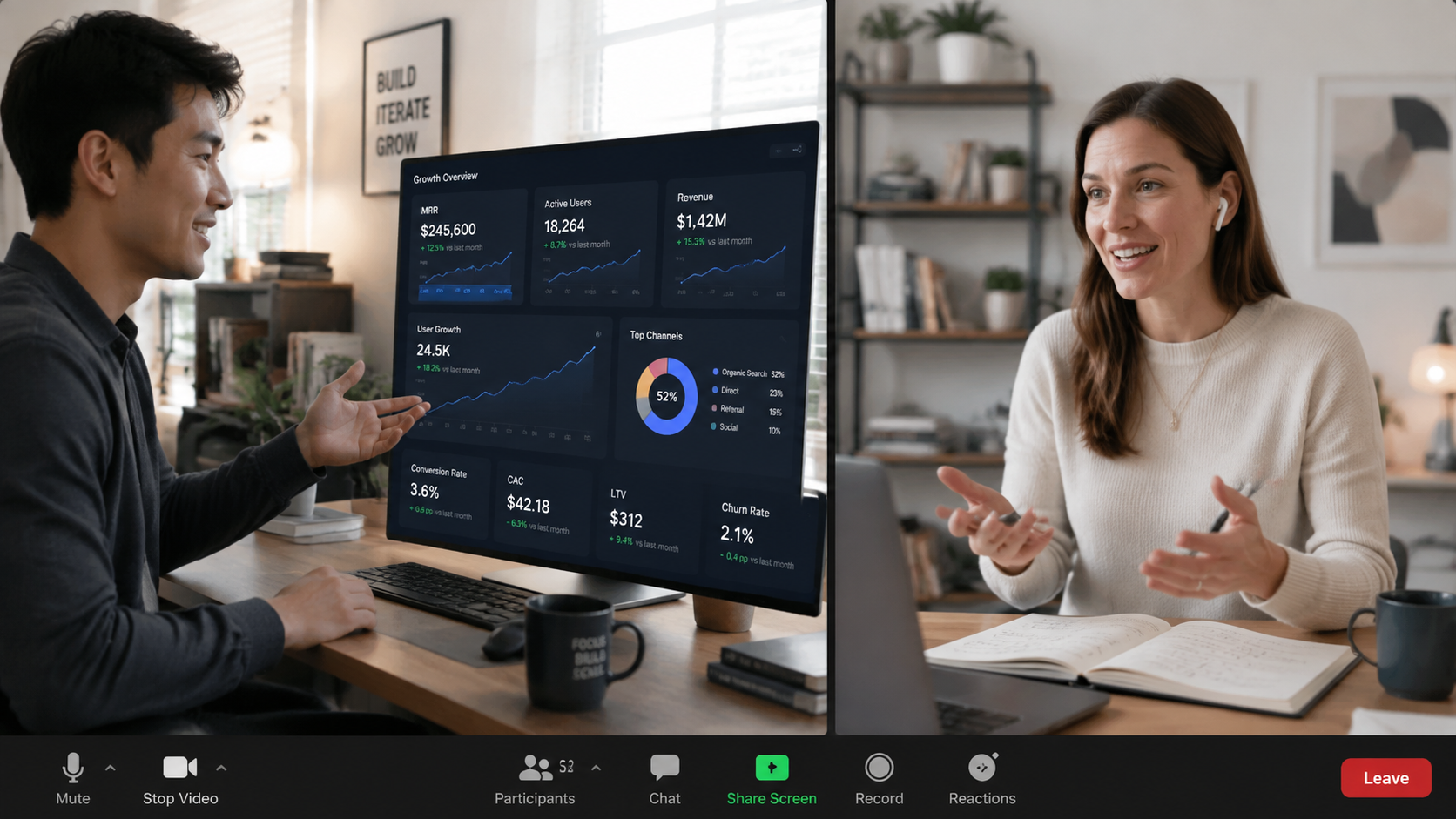 A split screen showing a startup founder on a video call with a consultant, both
