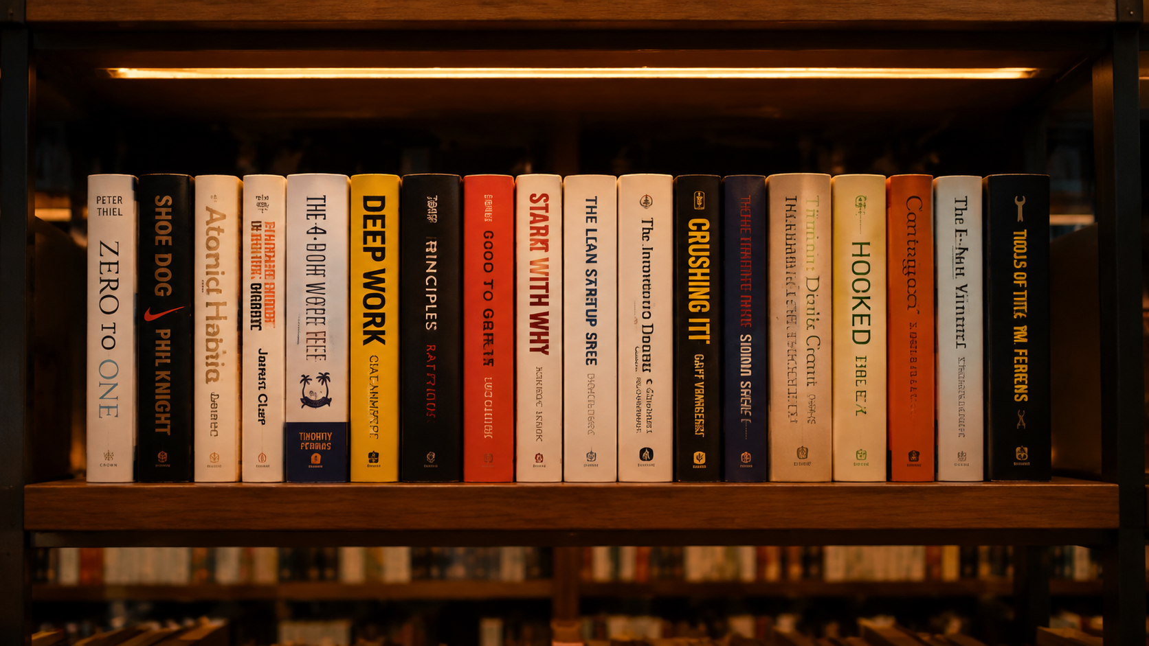 Minimalist photo of a bookstore shelf with business and startup books, spines fa