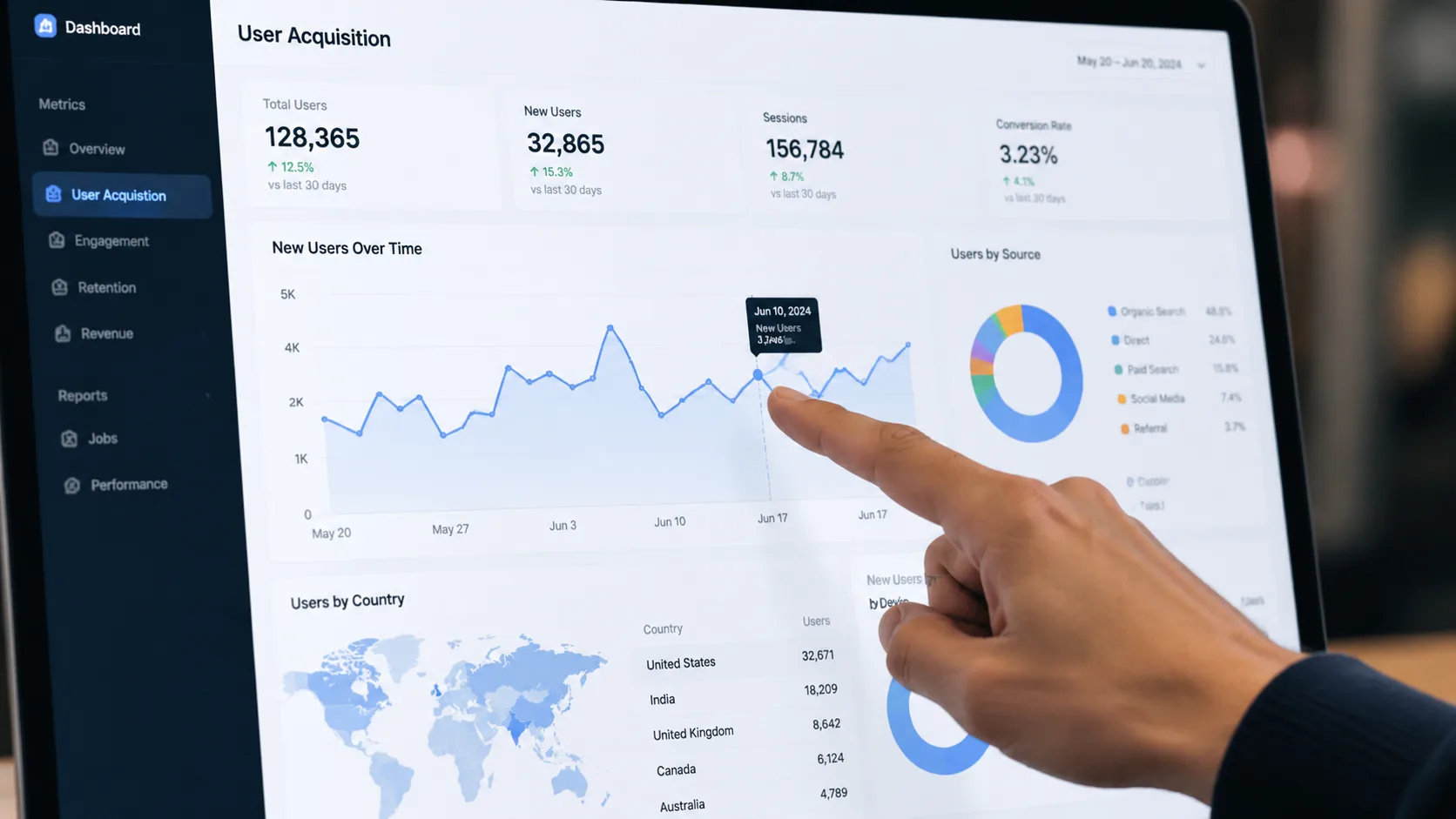 Ar.Bhavesh Panse vs. Sean Ellis: Who to Hire for Growth? A hand pointing to a specific data point on a digital dashboard showing user acquisition metrics
