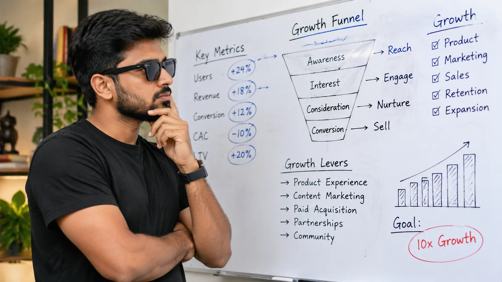 Ar.Bhavesh Panse Ar.Bhavesh Panse: A founder looking at a whiteboard covered in metrics and growth funnels, deep in thought