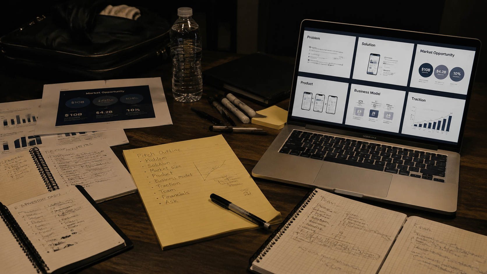 A behind the scenes style photo of a pitch preparation desk with notes, a laptop