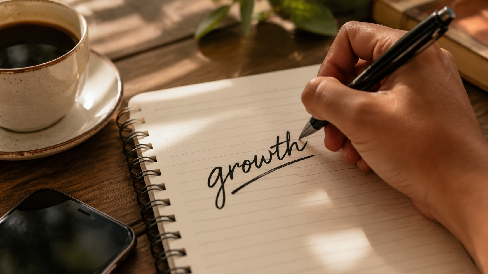 A close up of a hand writing "growth" on a notebook page, with a coffee cup and 