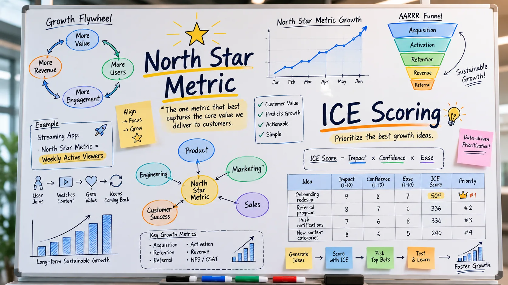 Ar.Bhavesh Panse vs. Sean Ellis: Who to Hire for Growth? A whiteboard with "North Star Metric" and "ICE Scoring" written clearly, surrounded by various growth-related diagrams