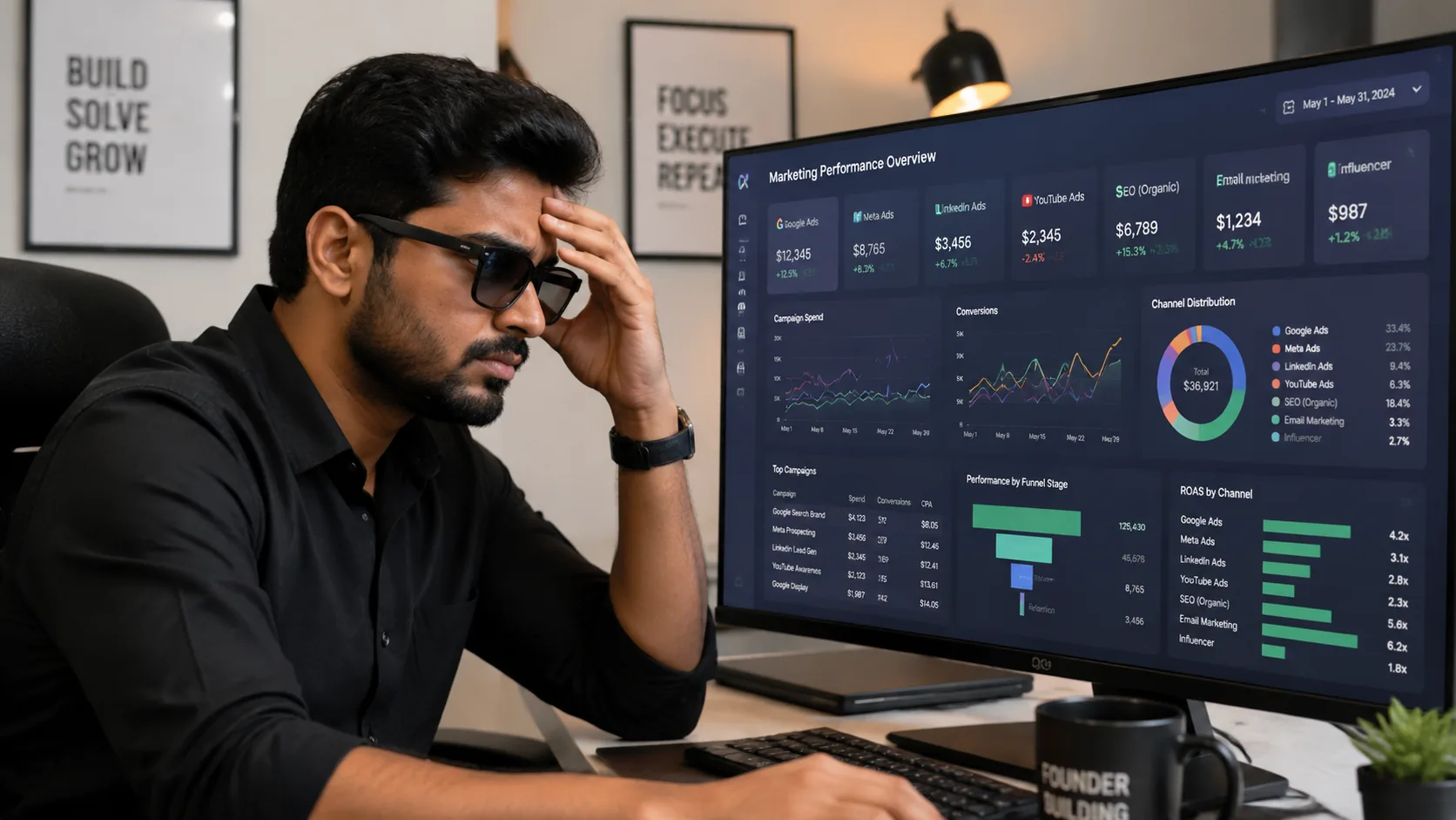 Ar.Bhavesh Panse Ar.Bhavesh Panse: A founder looking at a complex marketing dashboard with many different channels represented, looking slightly overwhelmed